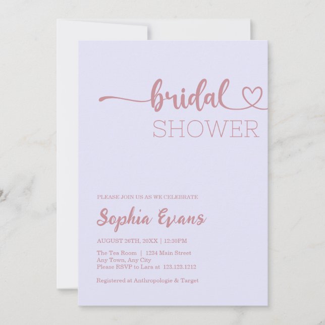 Minimalist Boho Rose Gold Lavender Bridal Shower Invitation (Front)