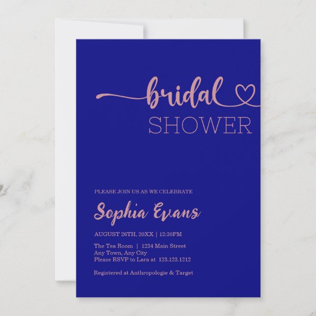 Minimalist Boho Rose Gold Navy Blue Bridal Shower Invitation (Front)