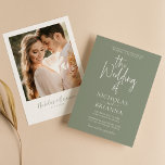 Minimalist Boho Sage Green Wedding Modern Photo Invitation<br><div class="desc">Minimalist Boho Sage Green Wedding Modern Photo Invitation. Easily personalize by replacing each info. Please upload a vertical/portrait photo. Make sure to check the preview before adding to cart. (Sample Photo by Jonathan Borba from Pexels)</div>