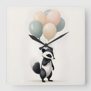 Minimalist Boho Skunk Balloons Nursery Kids Room Square Wall Clock