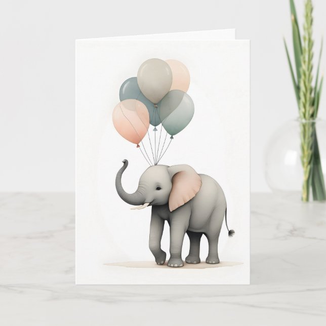 Minimalist Boho Style Elephant with Balloons Blank Card (Front)