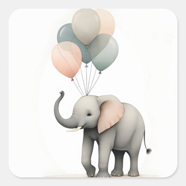 Minimalist Boho Style Elephant with Balloons Square Sticker (Front)