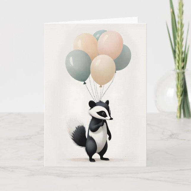 Minimalist Boho Style Skunk with Balloons Blank Card (Front)