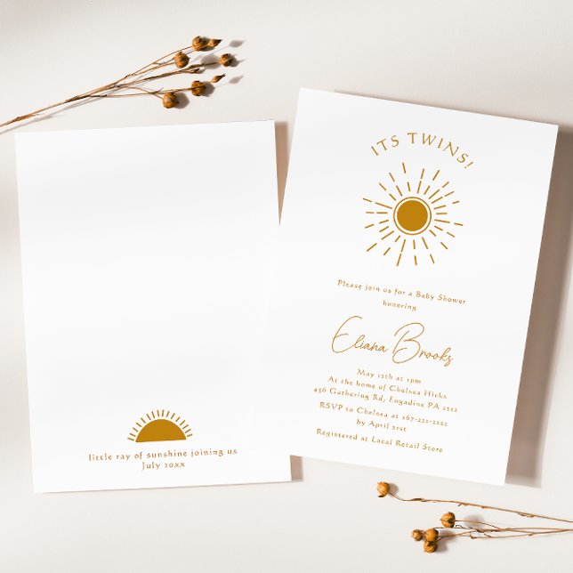 Minimalist Boho Sunshine Baby Shower It's Twins Invitation (Creator Uploaded)