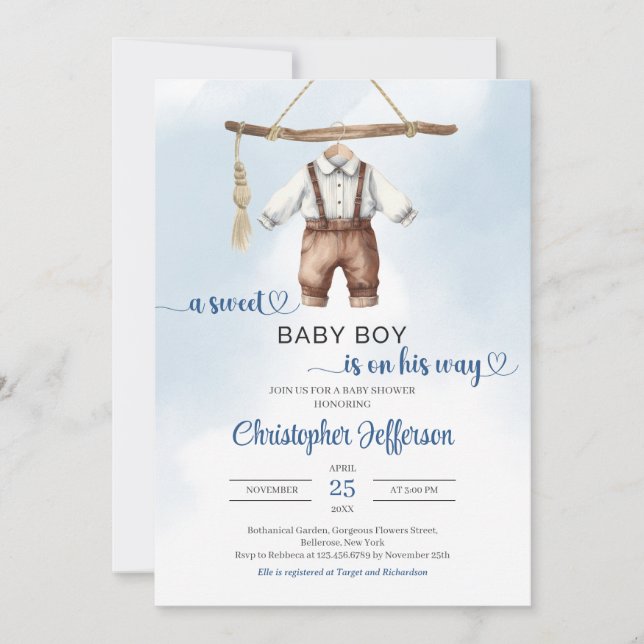 Minimalist Boho Sweet Baby Boy Clothes Baby Shower Invitation (Front)