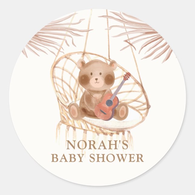 Minimalist Boho Teddy Bear Baby Shower Classic Round Sticker (Front)