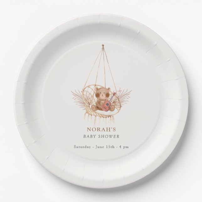 Minimalist Boho Teddy Bear Baby Shower Paper Plate (Front)