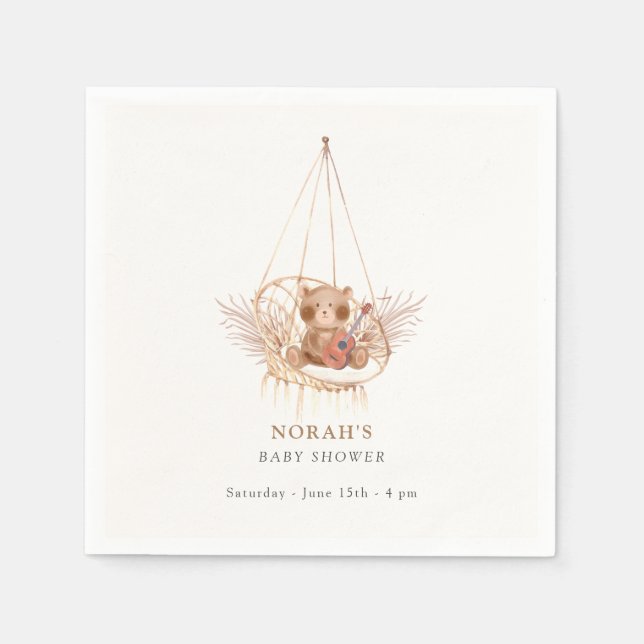 Minimalist Boho Teddy Bear Pampas Baby Shower Napkin (Front)