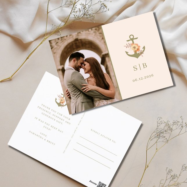 Minimalist Boho Wedding Photo Thank You  Postcard (Boho Nautical Anchor Photo Wedding Thank You Postcards)