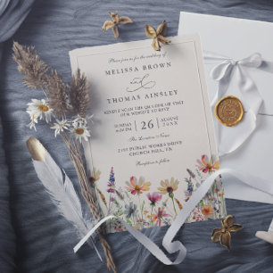 Minimalist Boho Wildflower Floral QR Code Wedding Invitation