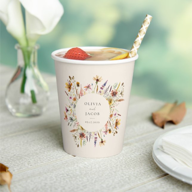Minimalist Boho Wildflower Floral Wedding Paper Cups (Insitu)