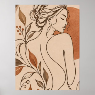 Minimalist Boho Woman Line Art and Terracotta Sun Poster