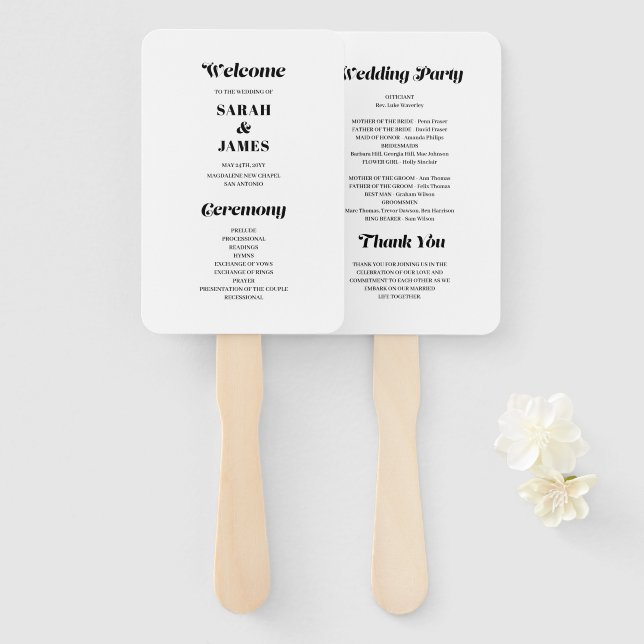 Minimalist Bold Calligraphy White Wedding Program Hand Fan (Front and Back)