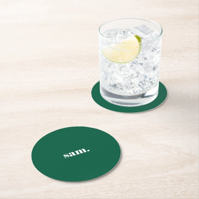 Minimalist bold custom text green round paper coaster (Insitu)
