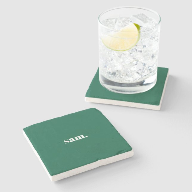 Minimalist bold custom text green stone coaster (Side)