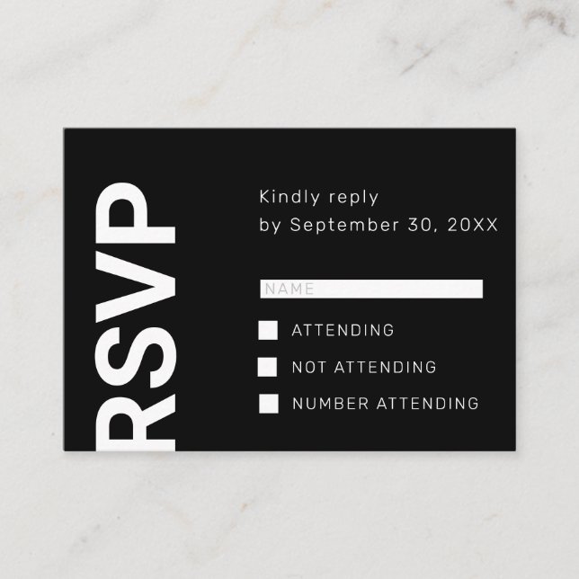 Minimalist bold letters black and white RSVP card (Front)