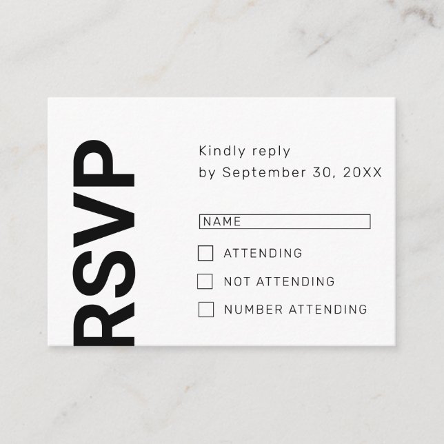 Minimalist bold letters simple white RSVP card (Front)