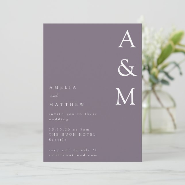 Minimalist Bold Monogram Boho Dusty Purple Wedding Invitation (Standing Front)