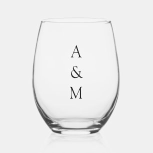 Minimalist Bold Monogram Boho Wedding Black White Stemless Wine Glass
