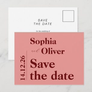 Minimalist bold pink typography save the date postcard