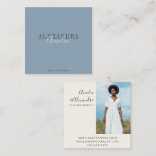 Minimalist Bold Script Boho Dusty Blue Photo Square Business Card