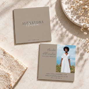 Minimalist Bold Script Boho Taupe Brown Photo Square Business Card