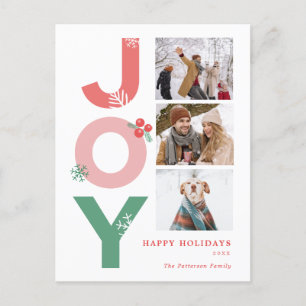 Minimalist Bold Script Joy 3 Photo Collage Family Holiday Postcard