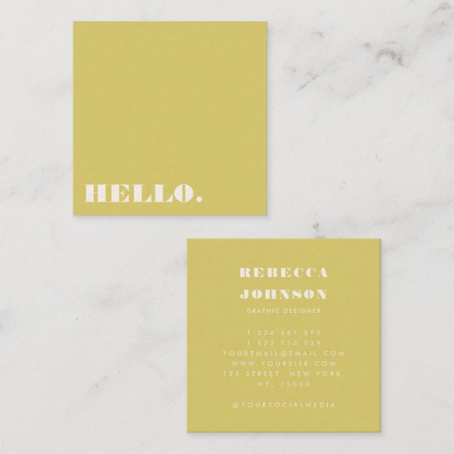 Minimalist Bold Typography Yellow Green Hello Square Business Card (Front/Back)