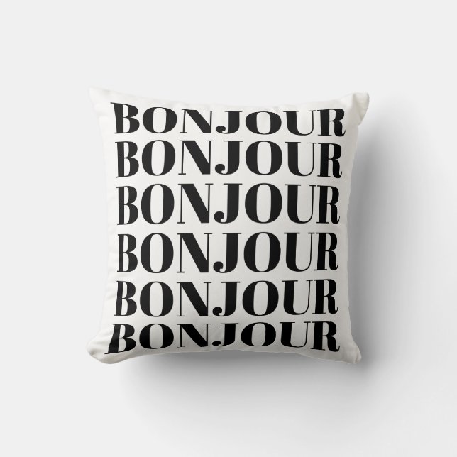 Minimalist Bonjour French Typography Black White Throw Pillow (Front)