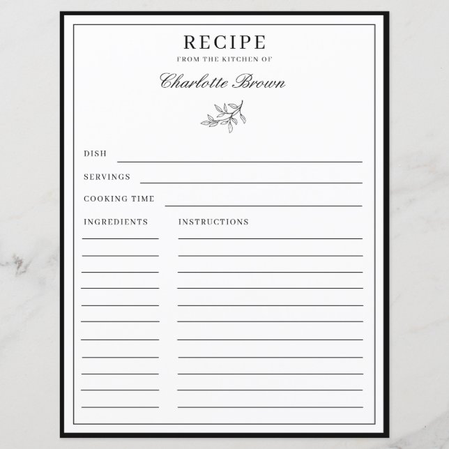 Minimalist Border Foliage Name Recipe Card (Front)