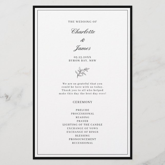 Minimalist Border Leaf Wedding Ceremony Program (Front)