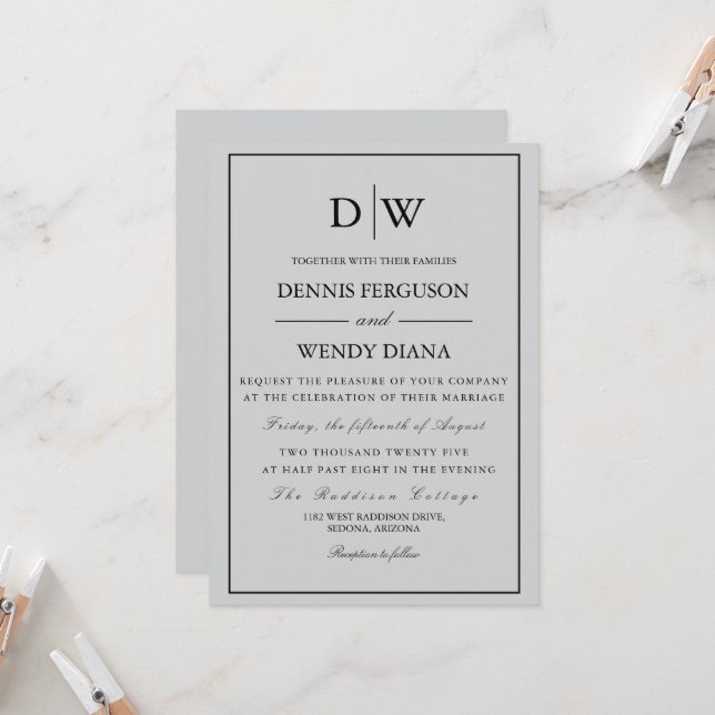 Minimalist Border Monogram Wedding Invitation (Front/Back In Situ)