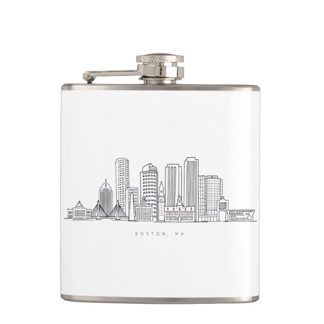 Minimalist Boston City Skyline Illustration Hip Flask (Front)