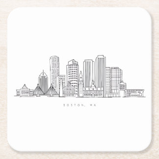 Minimalist Boston City Skyline Illustration Square Paper Coaster