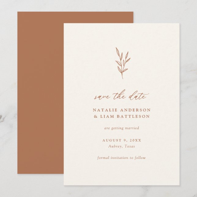 Minimalist Botanical Burnt Orange Wedding Save The Save The Date (Front/Back)