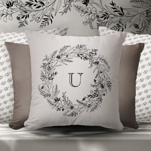 Minimalist botanical foliage wreath letter U Throw Pillow