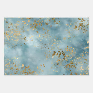 Minimalist Botanical Gold Leaves Pattern Teal Wrapping Paper Sheet