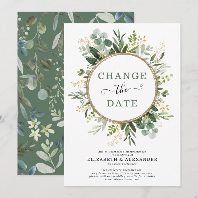 Minimalist Botanical Greenery Gold Change the Date Invitation (Front/Back)