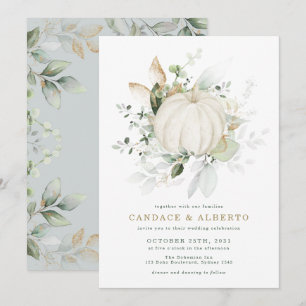 Minimalist Botanical Greenery Gold Pumpkin Wedding Invitation