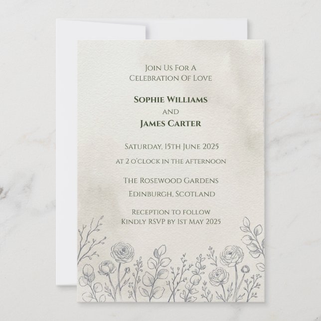 Minimalist Botanical Line Art Floral Wedding Invitation (Front)