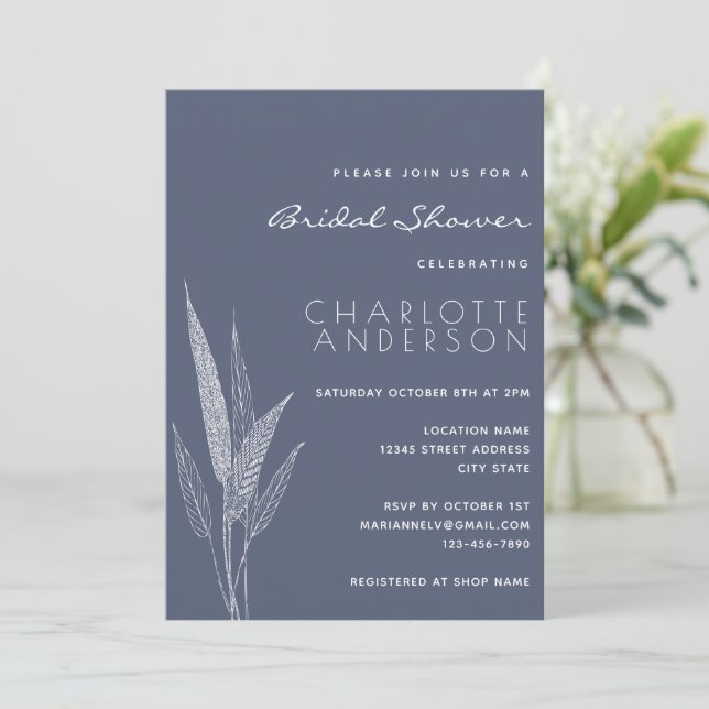 Minimalist Botanical Navy Blue Bridal Shower Invitation (Standing Front)