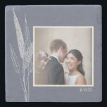Minimalist Botanical Navy Blue Personalized Photo  Stone Coaster<br><div class="desc">Beautiful and stylish,  this custom stone coaster features your photo and text on a minimalist botanical illustration in navy blue. Great for anniversary parties.</div>