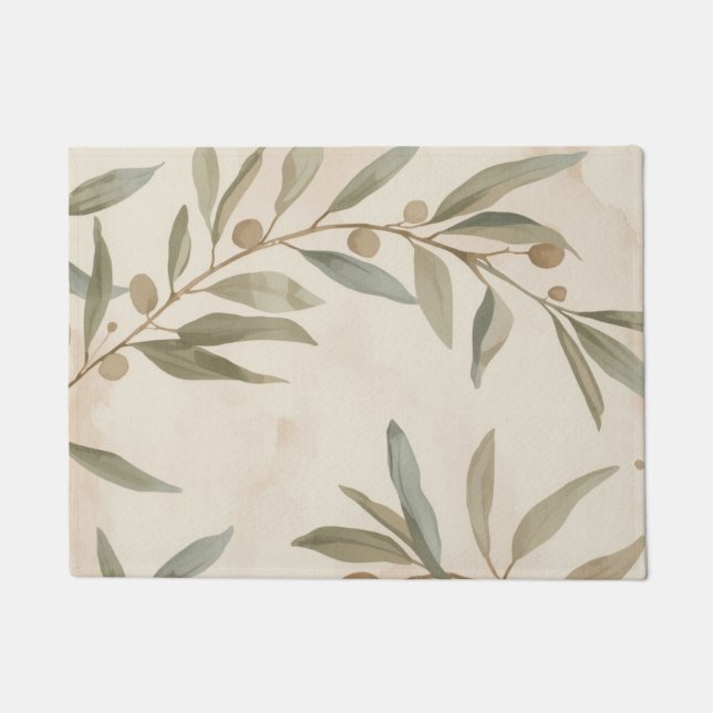 Minimalist Botanical Olive Branch Area Rug (Front)