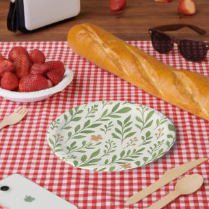 Minimalist Botanical Pattern with Green Leaves Paper Plate
