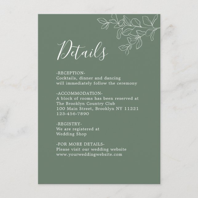 Minimalist Botanical Plain Sage Green Wedding Enclosure Card (Front)