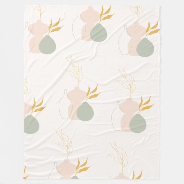 Minimalist Botanical Plants in Pastel Sage Pink Fleece Blanket (Front)