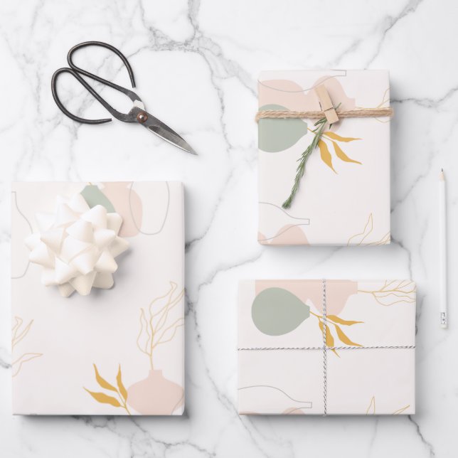 Minimalist Botanical Plants in Pastel Sage Pink Wrapping Paper Sheet (Front)