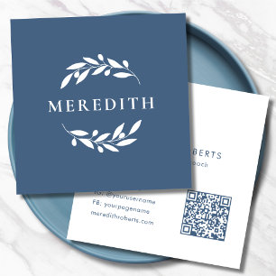 Minimalist Botanical QR Code Dusty Blue Square Business Card