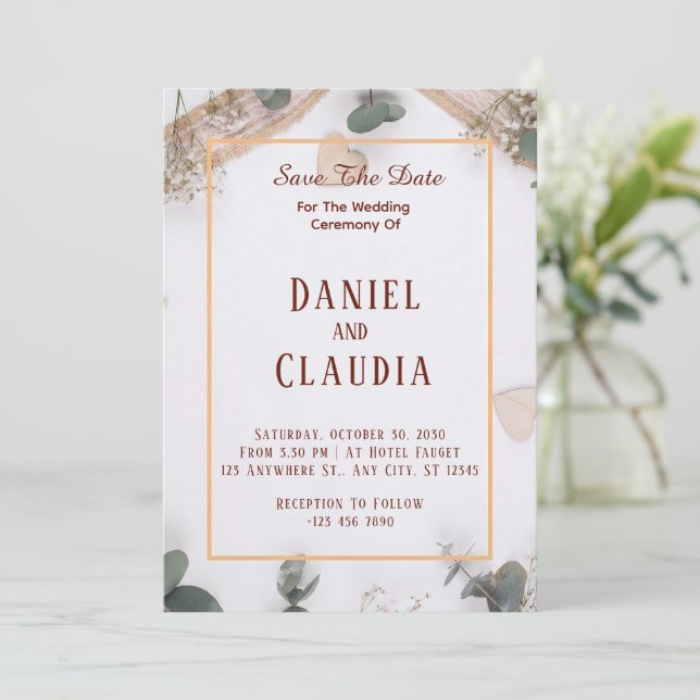 Minimalist Botanical Rustic Boho Floral Frame Invitation (Standing Front)