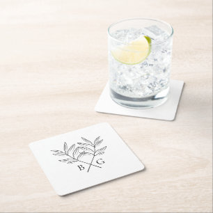 Minimalist Botanical Rustic Monogram Wedding Favou Square Paper Coaster